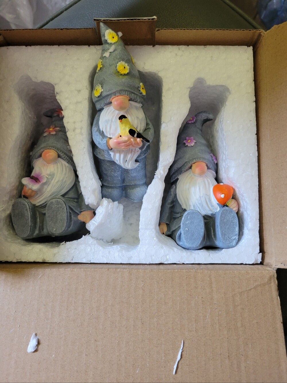 Set of 3 Grey Garden Gnome Figurines with Floral Accents